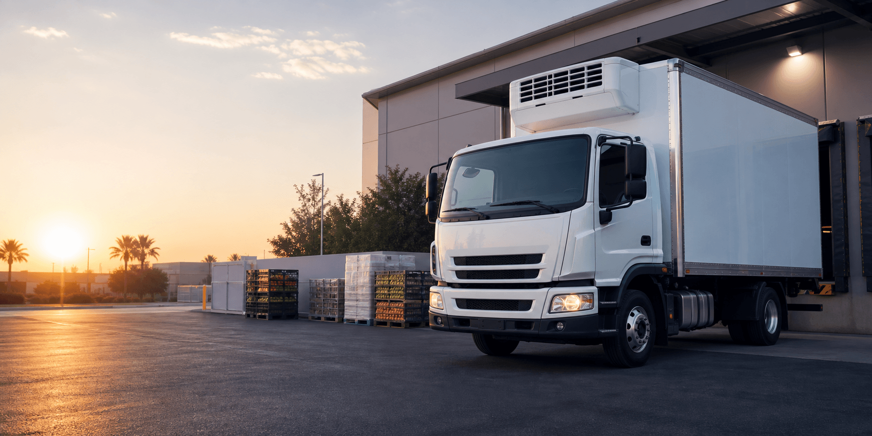 A refrigerated delivery truck parked at a commercial loading dock at sunrise.